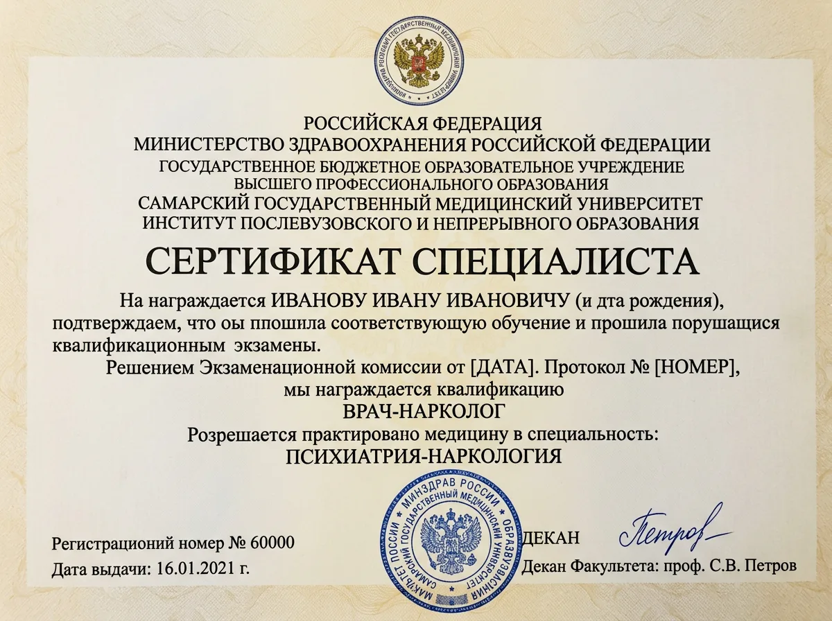 Сертификат специалиста врача-нарколога Самарской государственной медицинской академии, документ с гербом и подписью декана